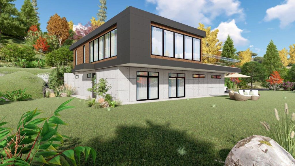 Back view of the Jacobsen custom home.  Modern design by Mikkelson Builders.