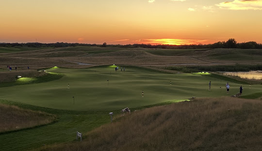 Aerial shot at sunset of Erin Hills Golf Course in Hubertus, WI