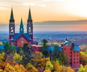 Aerial shot of cathedral rising up from tree line in Richfield, WI